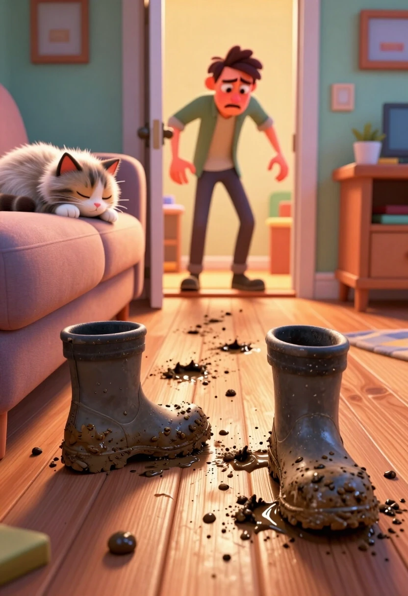 Updated Prompt: «Грязный след и чувство вины» (Style: High-End 3D Animation, Low-Angle Storytelling)*A hyper-realistic 8k 3D stylized render from a low-angle perspective,…