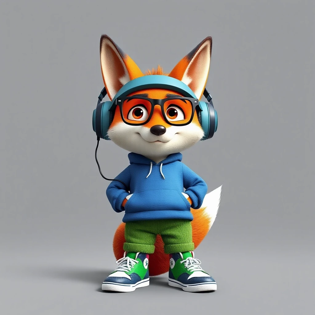 3D cartoon character funny fox in green corduroy pants, blue sweatshirt, sneakers on paws, headphones on head, glasses on muzzle. Background is gray with soft lighting creating…