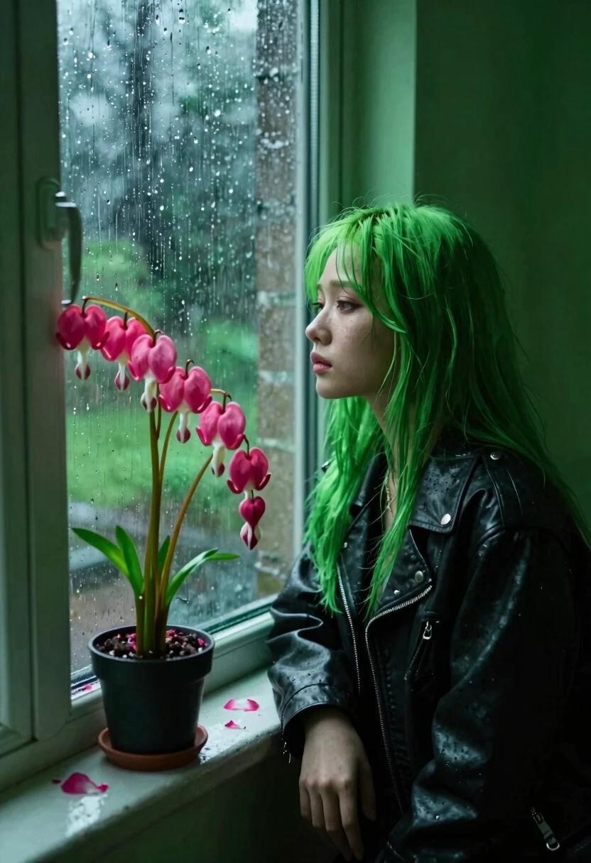 A girl with long green hair in a black leather jacket sadly looks out the window, it is raining outside, the room has a dim neon green light, a potted flower stands on the…