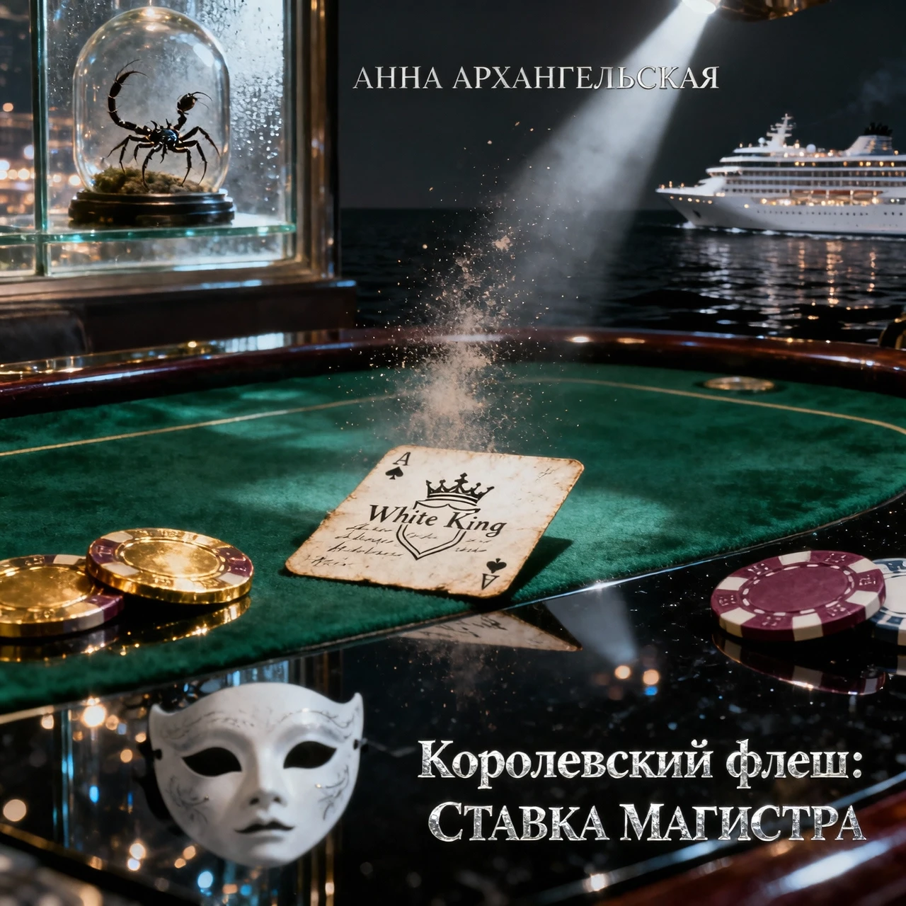 Premium A5 book cover for a detective thriller, vertical orientation. Cinematic realism, hyper-detailed photorealism. Composition: A macro close-up shot of a professional poker…