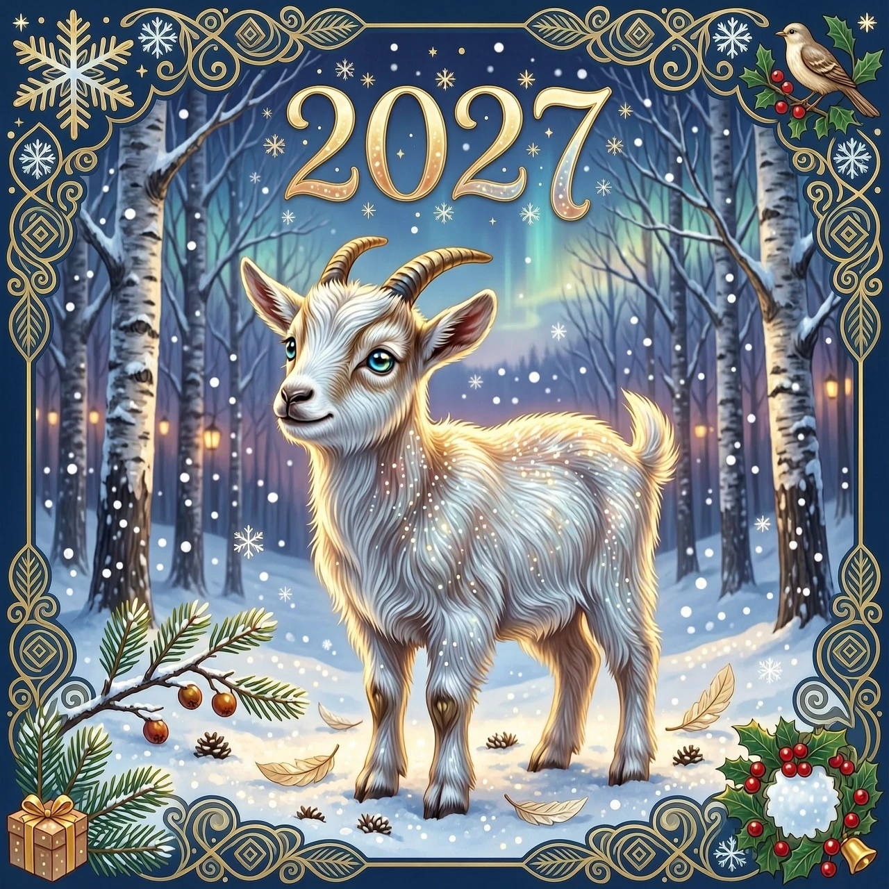 Сказочный козлёнок на фоне зимнего заснеженного леса, новый год, текст 2027. В стиле Глиттер: магический реализм, природная симфония, формы растворяются в цвете, линии текут как…