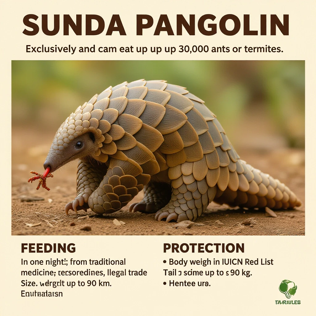 Плакат: Sunda Pangolin (Яванский панголин) 🍽 Что едят? Рацион: исключительно муравьи и термиты. Панголин использует длинный липкий язык для ловли насекомых. Питание: за ночь…