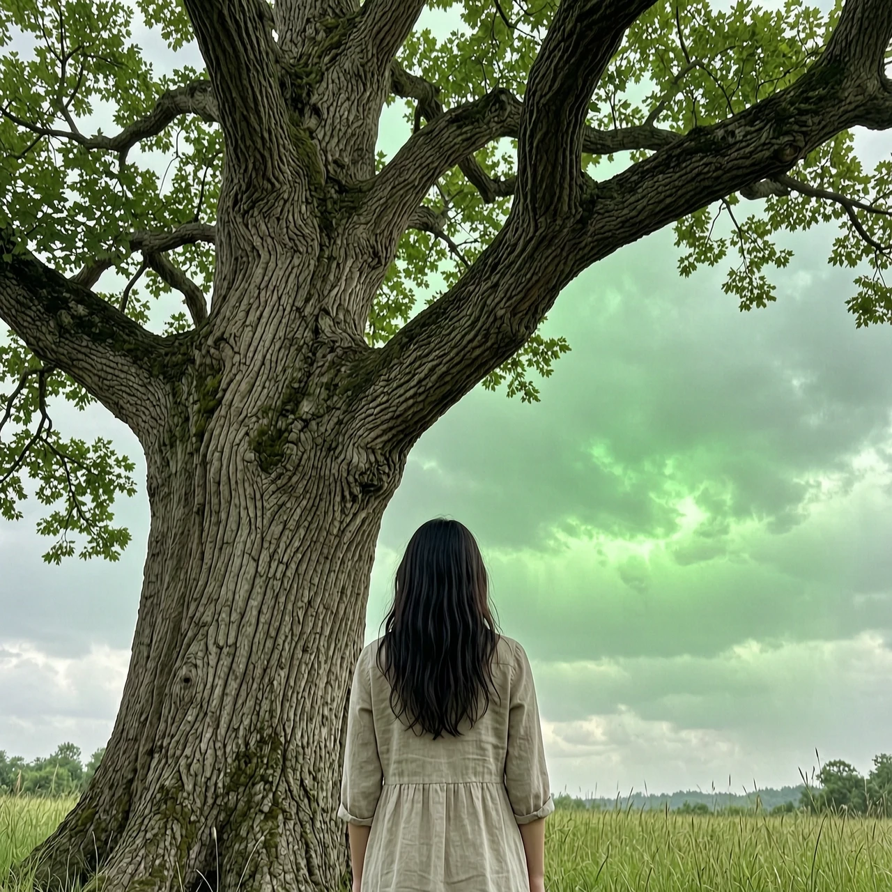 Create a realistic photo. A girl with dark hair is standing with her back to the camera. She is standing by an ancient tree and looking at the beautiful green sky. — работа…