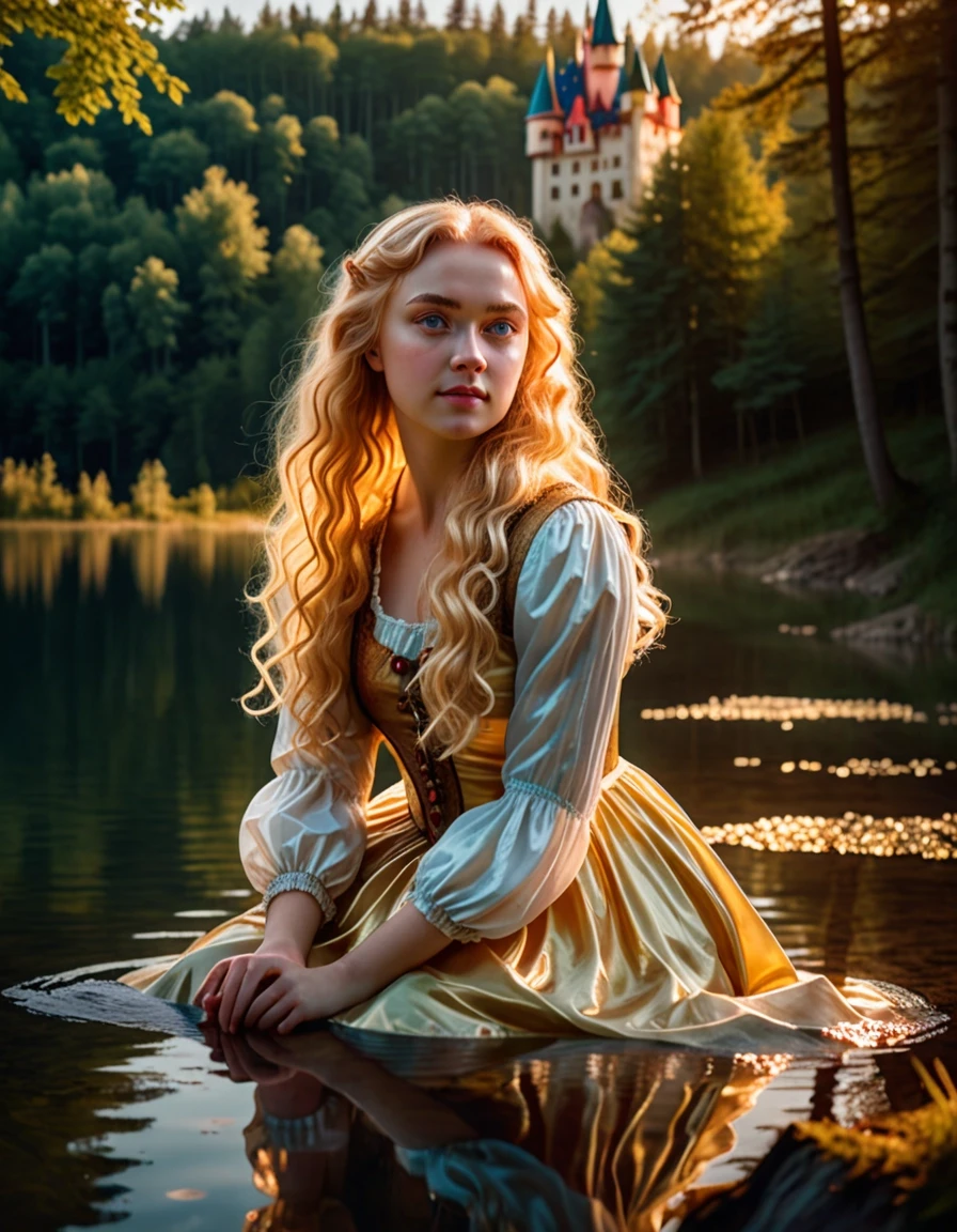 A magical cinematic portrait of Goldilocks (Zlatovlaska) from the Czech fairytale. A stunningly beautiful young woman with flowing, vibrant golden hair that literally glows with…