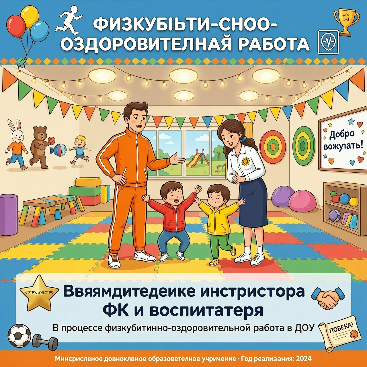 Добавить текст по середине Взаимодействие инструктора ФК и воспитателя В процессе физкультурно - оздоровительной работы в ДОУ Сделать задний фон в виде спорт зал сделать более…