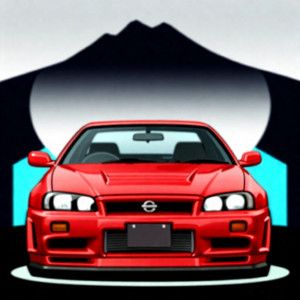 arafed car parked in front of a fence with a mountain in the background, extremely detailed water texture, in a modified nissan skyline r34, ironic surrealism, inspired by…