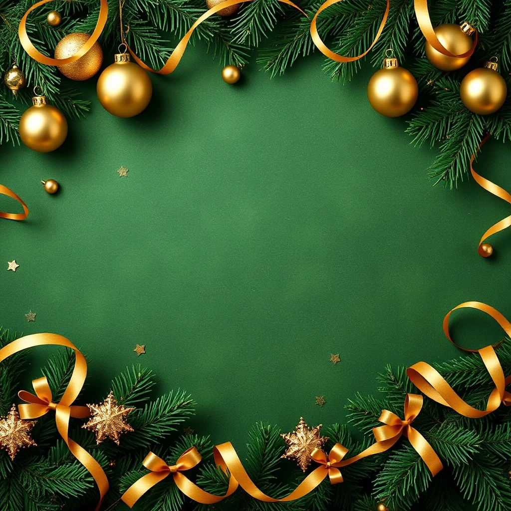 Christmas decorations wallpaper. Green natural background with golden baubles, ribbons, garlands. There should be a free space in the center. — работа пользователя Интригующая…