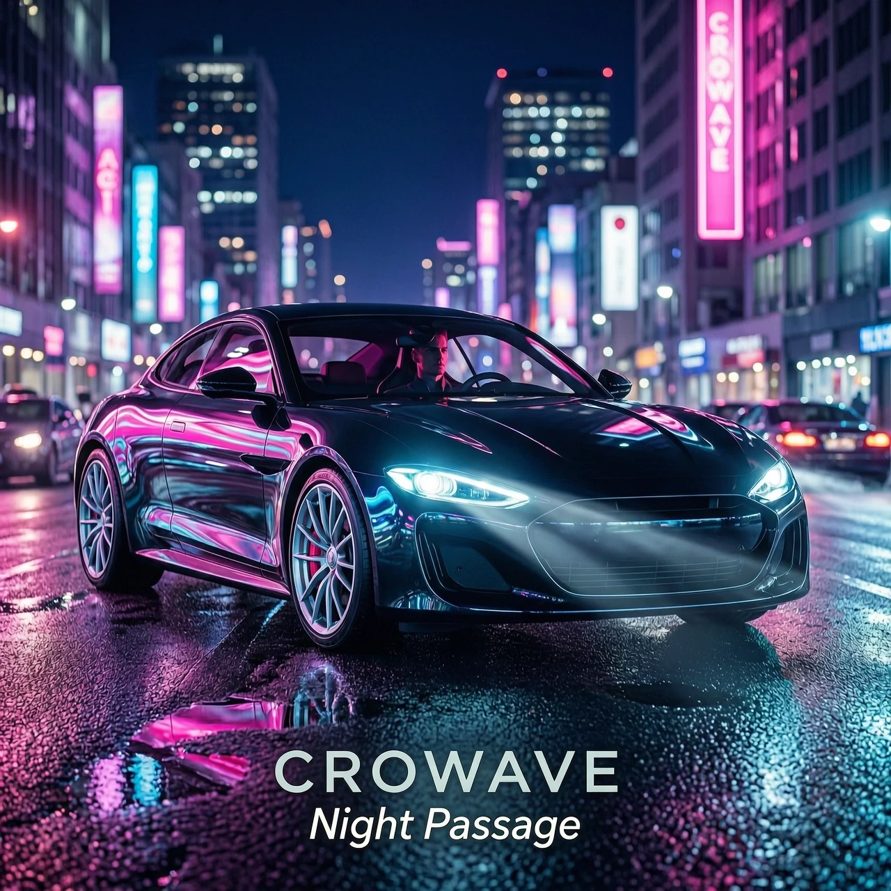 Vibrant dance-pop style single album cover art for "Night passage" by CROWAVE. A sleek luxury car speeding through a night city, seen from a dynamic low angle. A…