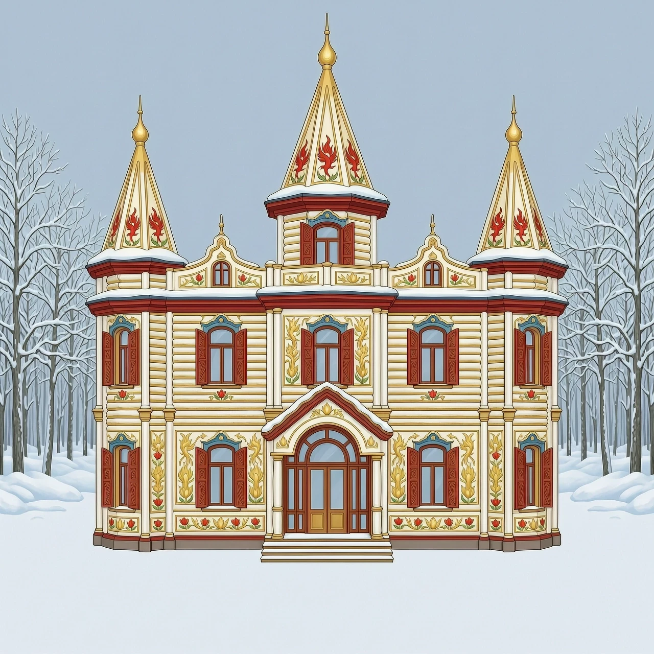 create a drawing of a tower, a royal estate, 2 floors, with turrets, kokoshniks, scarlet flowers and firebirds on tiles, carved columns, many colored murals on the facade, built…