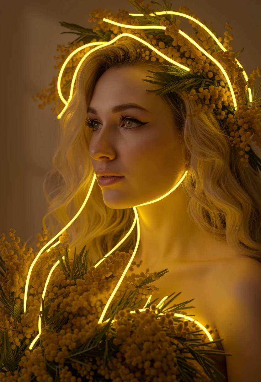 Detailed photo of the girl, with just a few minimal 8mm yellow LED neon lines as elegant accents on top of the flowers. Low density neon, simplified sparse light layout, large…