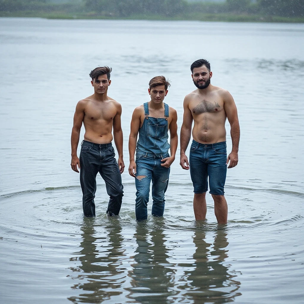 18-years-old guys in blue wet denim leggings are standing in deep water, at the rain, all wet — работа пользователя Грозовой Химик