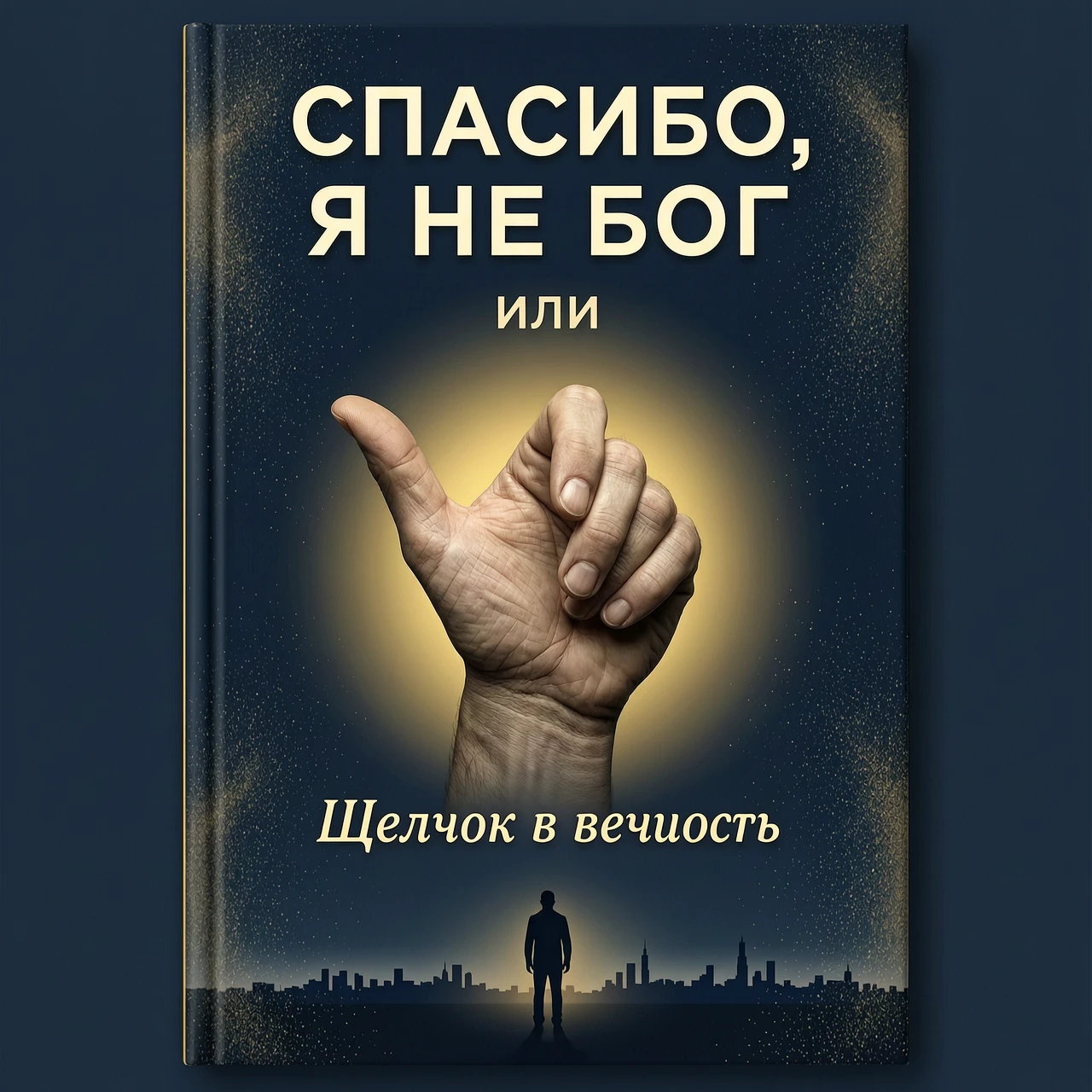 создай обложку книги на русском языке Фон: Тёмно-синий, почти чёрный, с лёгкой текстурой, напоминающей песок или пыль. Центр: Крупным планом, вид от первого лица - ладонь…