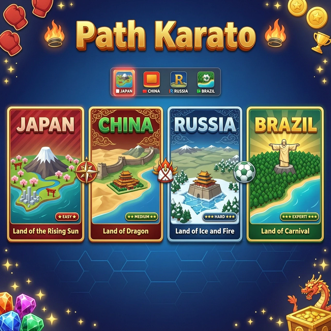 Create a map of 4 fictional countries for the Roblox game Path Karate. The name of the country on the left is Japan in 3D. — работа пользователя Пылающий Оптодиод