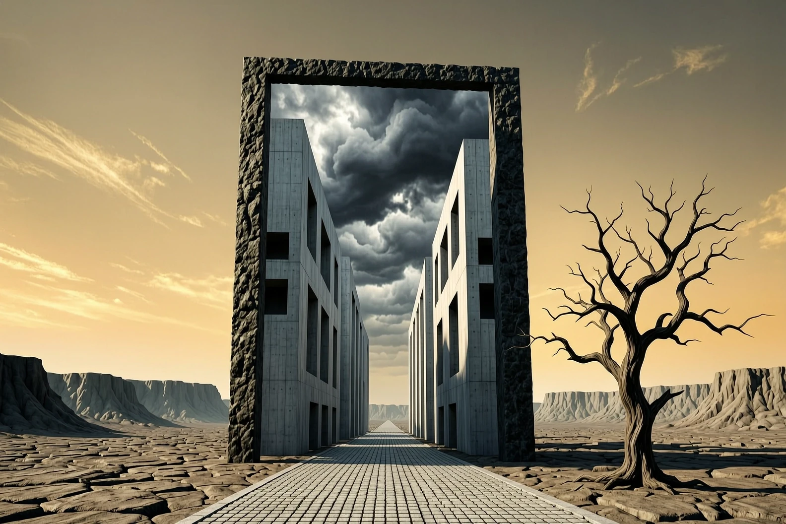 A powerful dark neosurrealist digital art masterpiece in the distinct style of Peter Gric. In a vast, desolate desert canyon under a hazy golden sunset sky, a monumental 3D…
