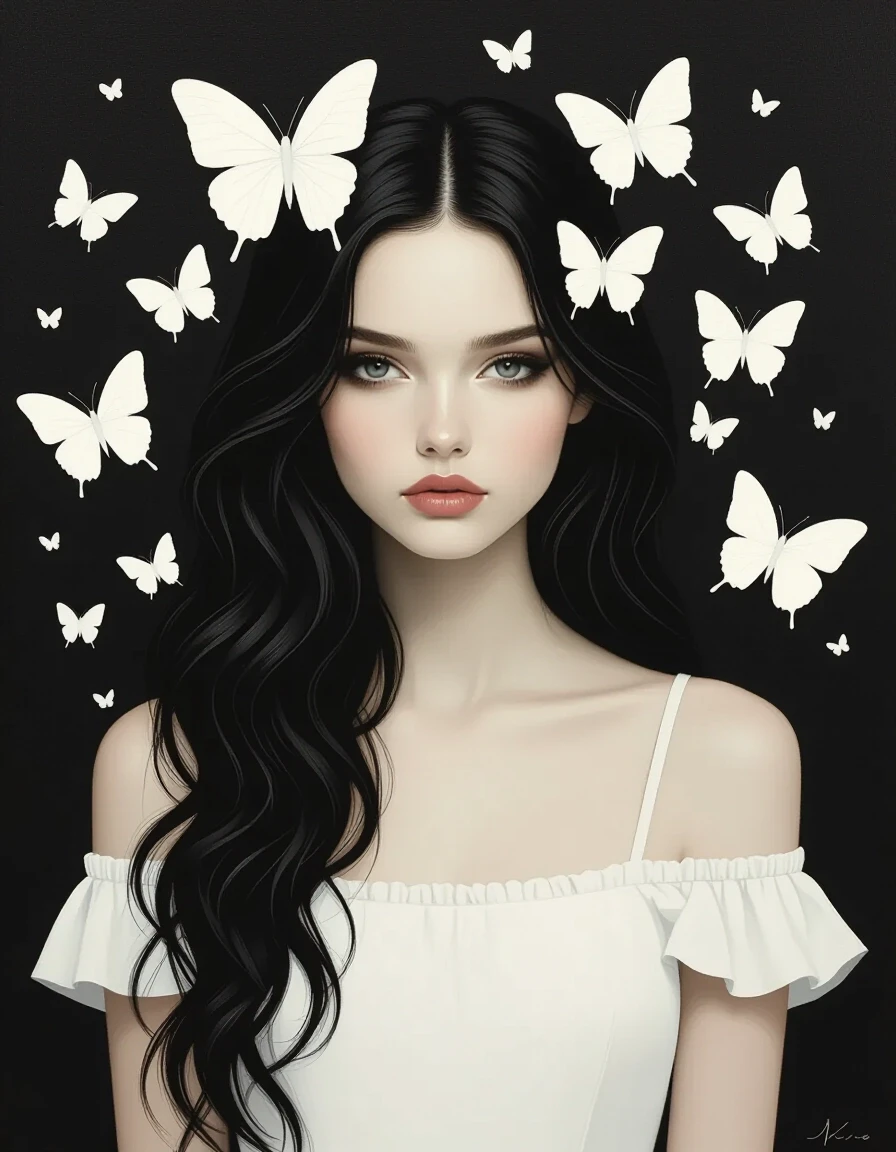 Black and white minimalism, conceptualism, flat painting, pale young beautiful European woman of Slavic type 23 years old, long hair, dark, slightly wavy, fluffy white butterfly…