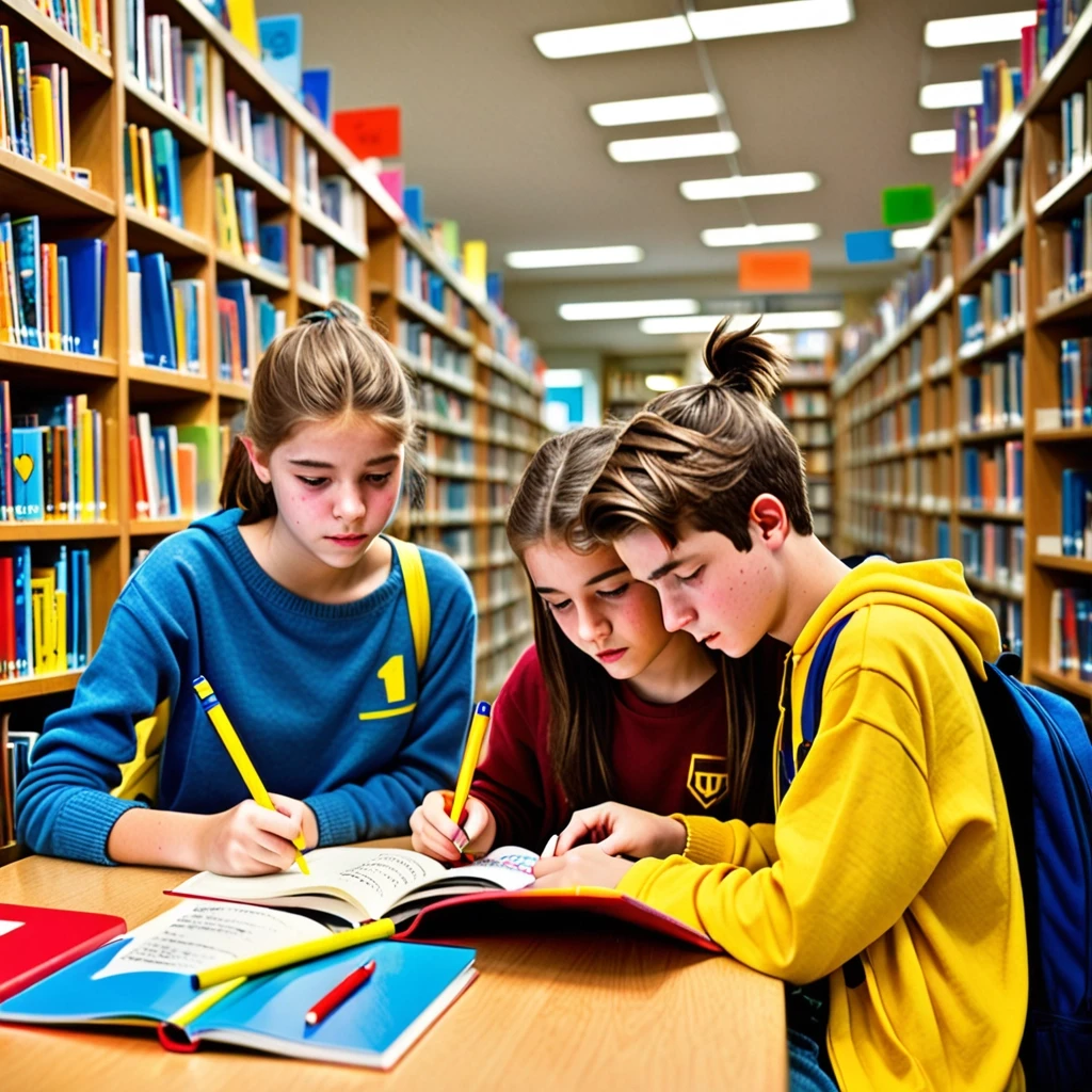 В уютной школьной библиотеке три подростка 14-15 лет читают книги и журналы. Один подросток держит яркий желтый маркер и подчеркивает строки в книге синего цвета. Второй…