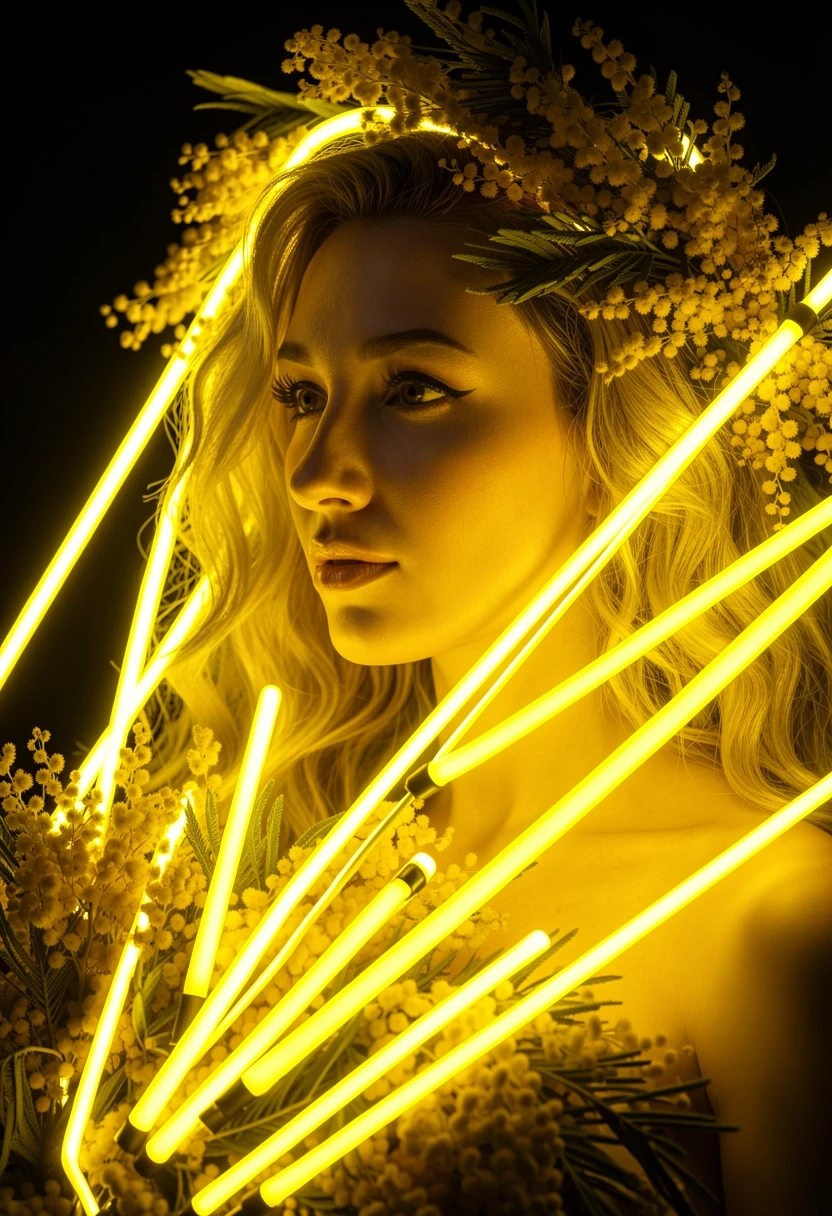 High-quality cinematic photo of a girl, with thick glowing yellow LED neon tubes overlayed on top of the mimosa flowers. Long continuous neon light lines, vibrant realistic…