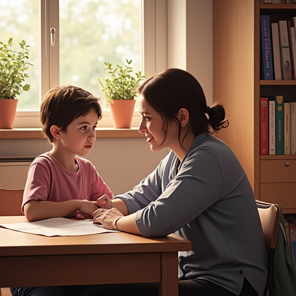 A warm and gentle scene of a kind middle-aged female teacher sitting at a wooden desk with a young student (around 10–11 years old). The teacher is leaning slightly forward,…