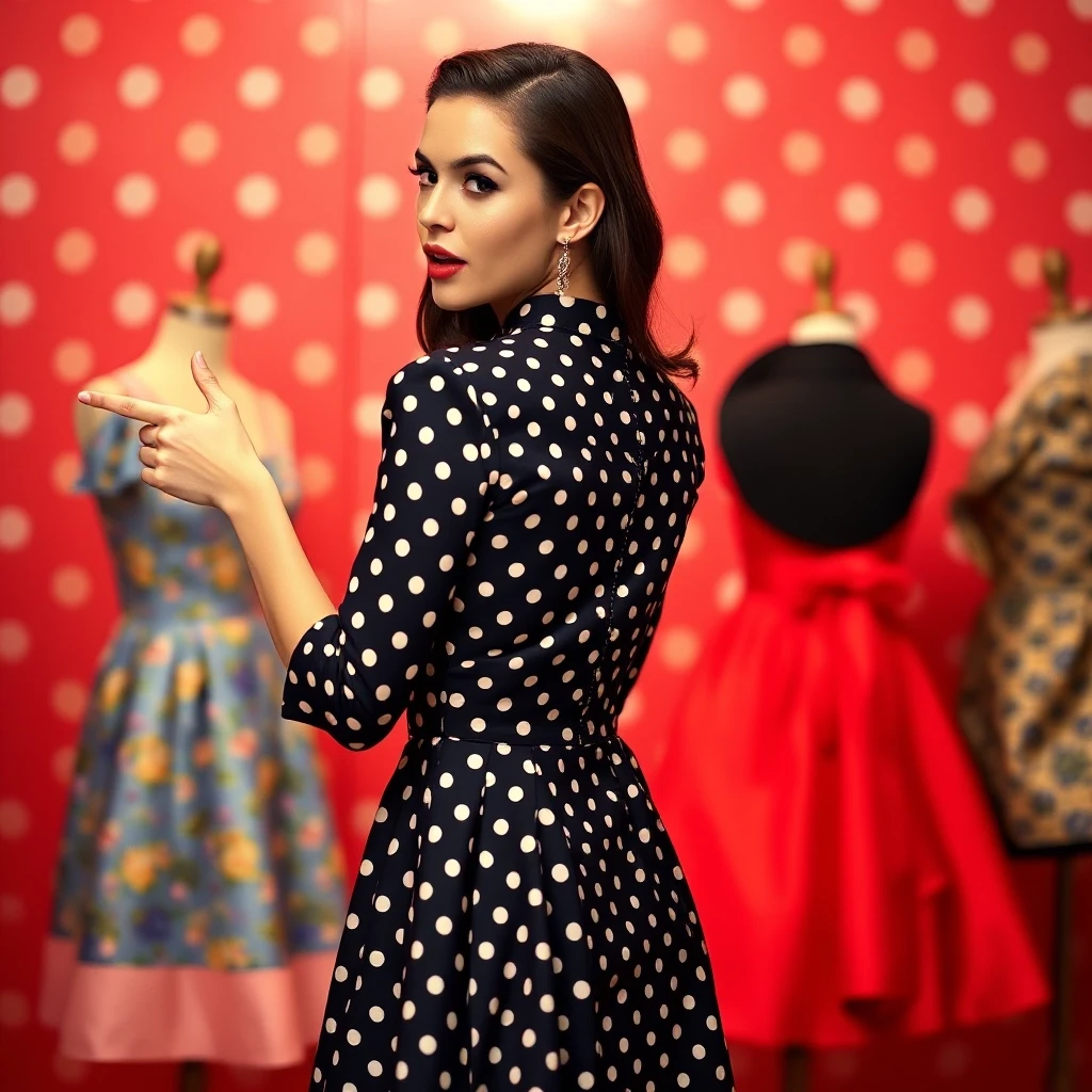 Suggest polka-dot dress styles by turning your back to the viewer and looking over your shoulder with your mouth open to point at yourself — работа пользователя Эффектная Заря