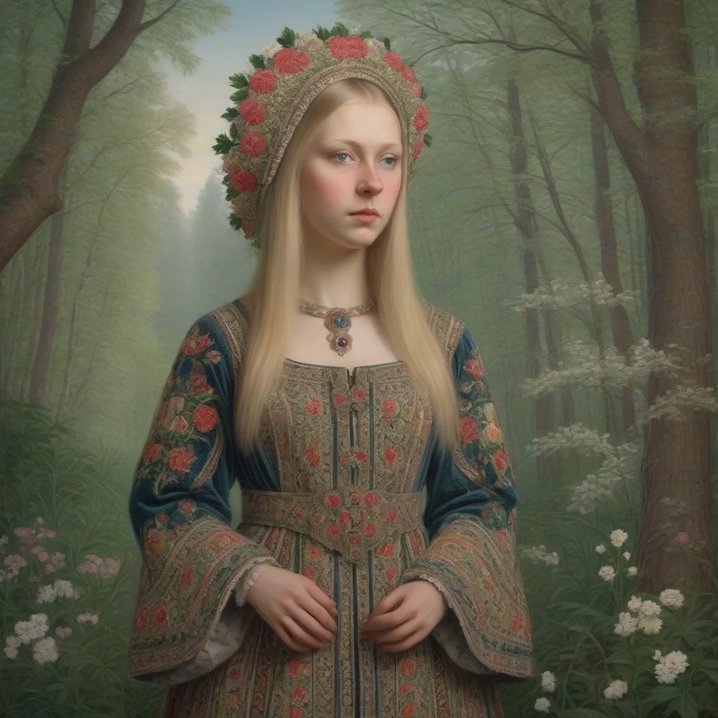 A full-length, highly detailed portrait of a young Slavic woman from the 16th century, standing amidst a lush, spring blooming forest. She is dressed in an authentic, richly…
