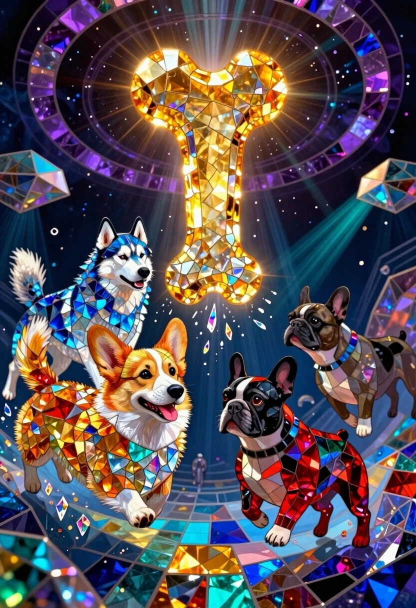 A breathtaking surreal masterpiece in the Luminous Crystal Mosaic Style. The scene depicts an absurd and epic canine competition: a group of diverse dogs—a spirited Corgi, a…