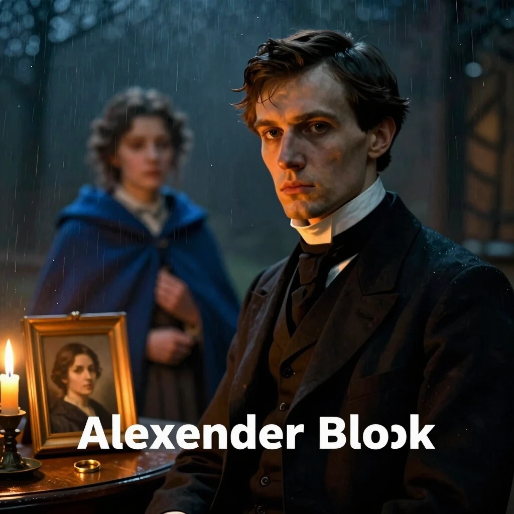 Horizontal title card, 16:9 aspect ratio. A refined, atmospheric portrait of Russian poet Alexander Blok — tall, thin, with sharp aristocratic features, high forehead, deep-set…