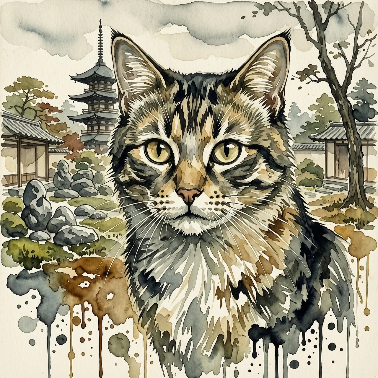 A masterpiece. The painting is done in watercolors. (Double exposure:1.8). (Portrait of a fabulously beautiful cat:1.8). In the background, there are views of Japan at that…