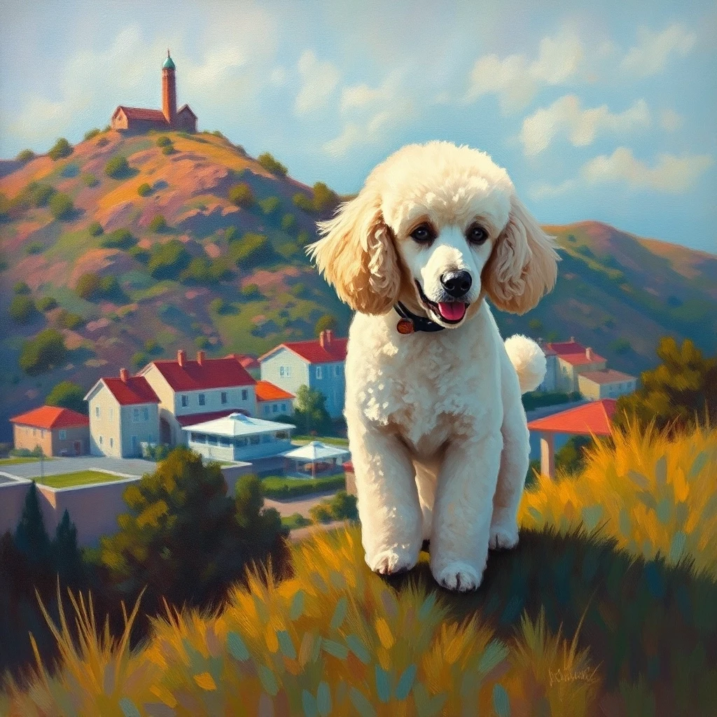 Oil painting, Universal (Poodle:1.2) , Flashy hillside, soft focus, impressionism art, (streetscape art by Gerald Harvey Jones:1.2) , extremely hyper aesthetic, painterly, cool…