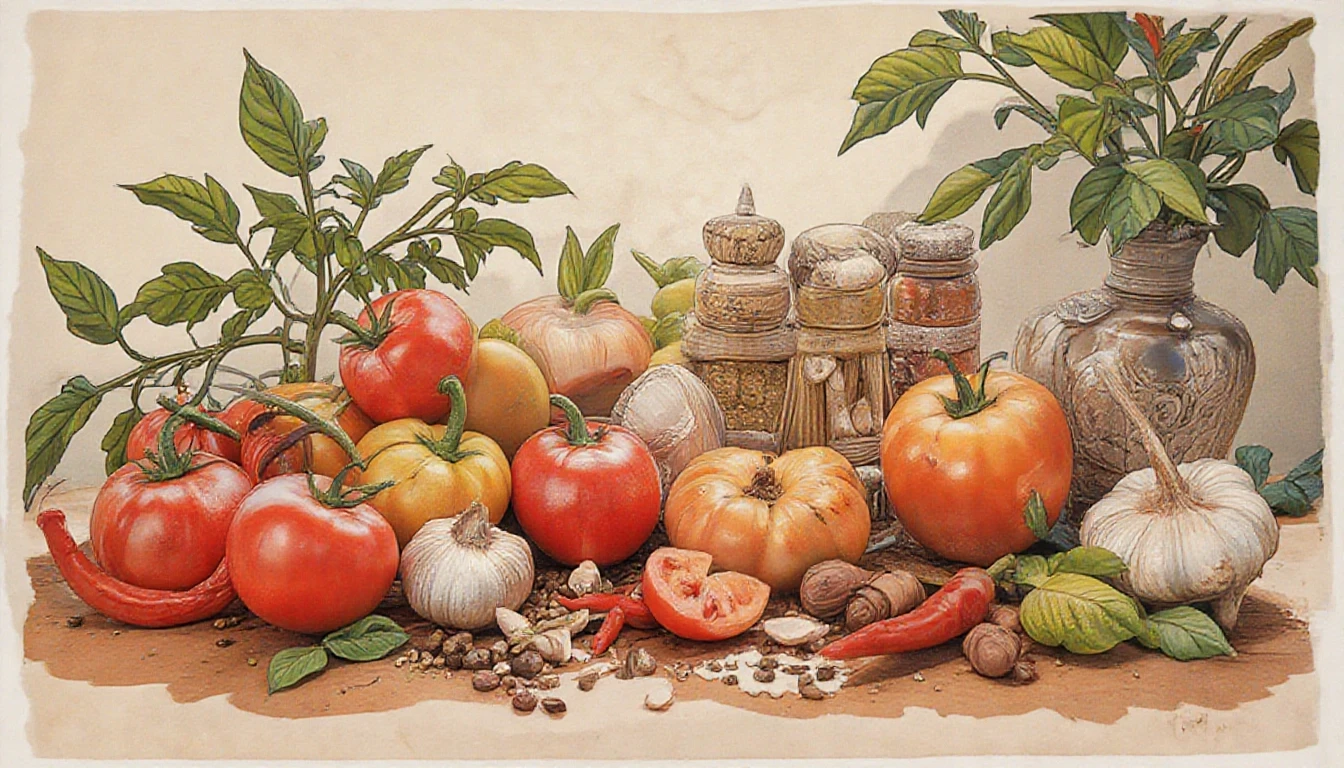 Фронтальный вид с боку. Старая бумага. Tomatos, basilik, чили перец, чеснок, пряности, специи, болгарский перец. — работа пользователя Многоцветная Прозрачность