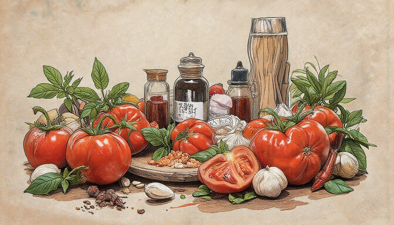 Фронтальный вид с боку. Старая бумага. Tomatos, basilik, чили перец, чеснок, пряности, специи, болгарский перец. — работа пользователя Многоцветная Прозрачность