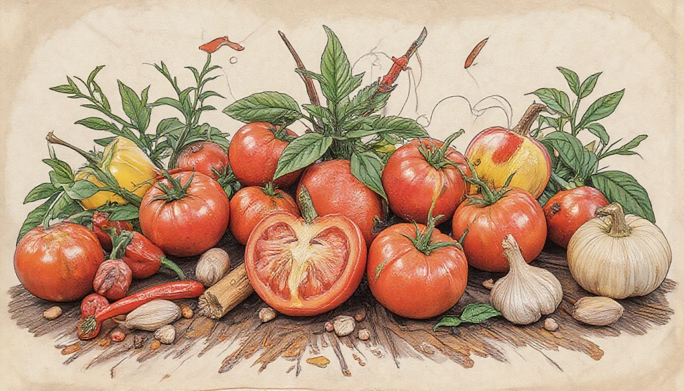 Фронтальный вид с боку. Старая бумага. Tomatos, basilik, чили перец, чеснок, пряности, специи, болгарский перец. — работа пользователя Многоцветная Прозрачность