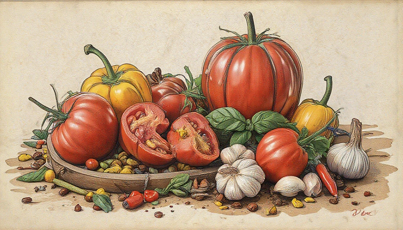 Фронтальный вид с боку. Старая бумага. Tomatos, basilik, чили перец, чеснок, пряности, специи, болгарский перец. — работа пользователя Многоцветная Прозрачность