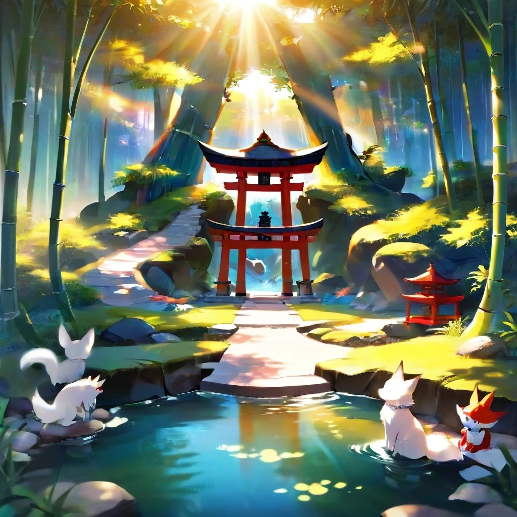 a Japanese shrine dedicated to kitsune, bamboo groves and small lakes along the sides, sunny weather, outline. — работа пользователя Безудержный Свет