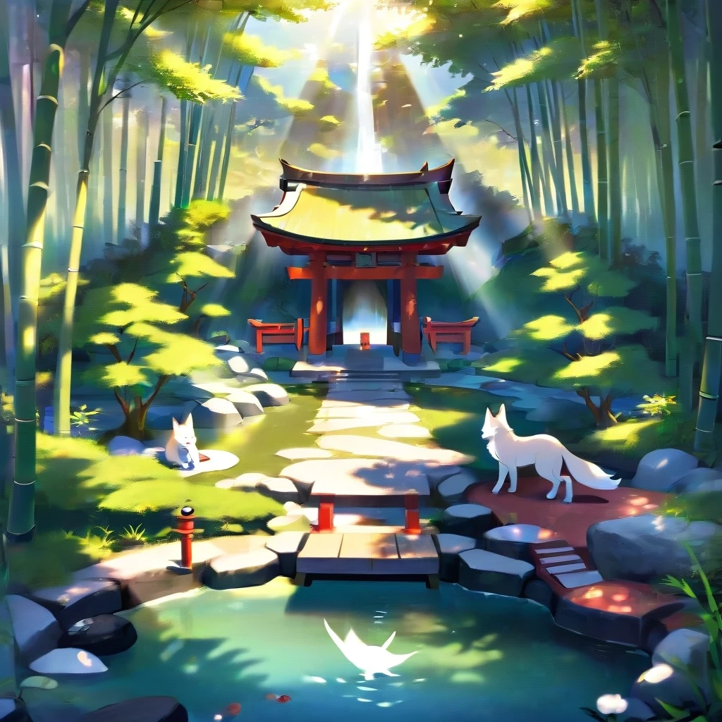a Japanese shrine dedicated to kitsune, bamboo groves and small lakes along the sides, sunny weather, outline. — работа пользователя Безудержный Свет