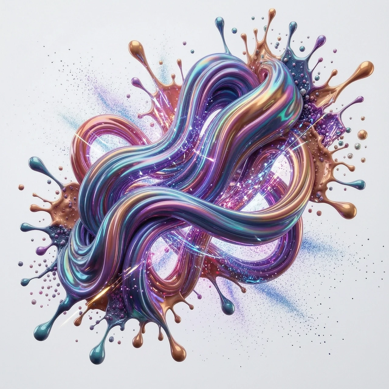 Abstract 3D background for a rhythm game application, dynamic fluid motion, intricate intertwining of vibrant neon silk ribbons and liquid chromatic waves, flowing iridescent…