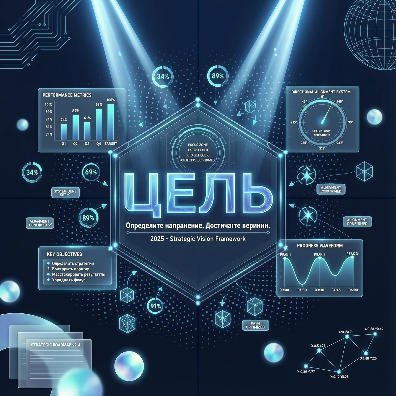 Футуристическая высокотехнологичная концептуальная визуализация для слайда презентации на тему «Цель», элегантная современная эстетика будущего. Изысканная композиция с парящими…