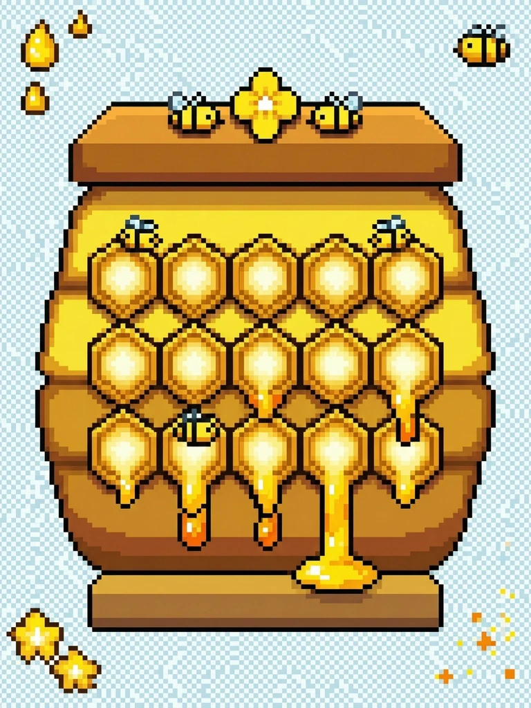 Pixel art beehive,front view, inspired by Stardew Valley and Minecraft aesthetics, cute and chunky stylized design, vibrant golden honey dripping from hexagonal openings, ,,…