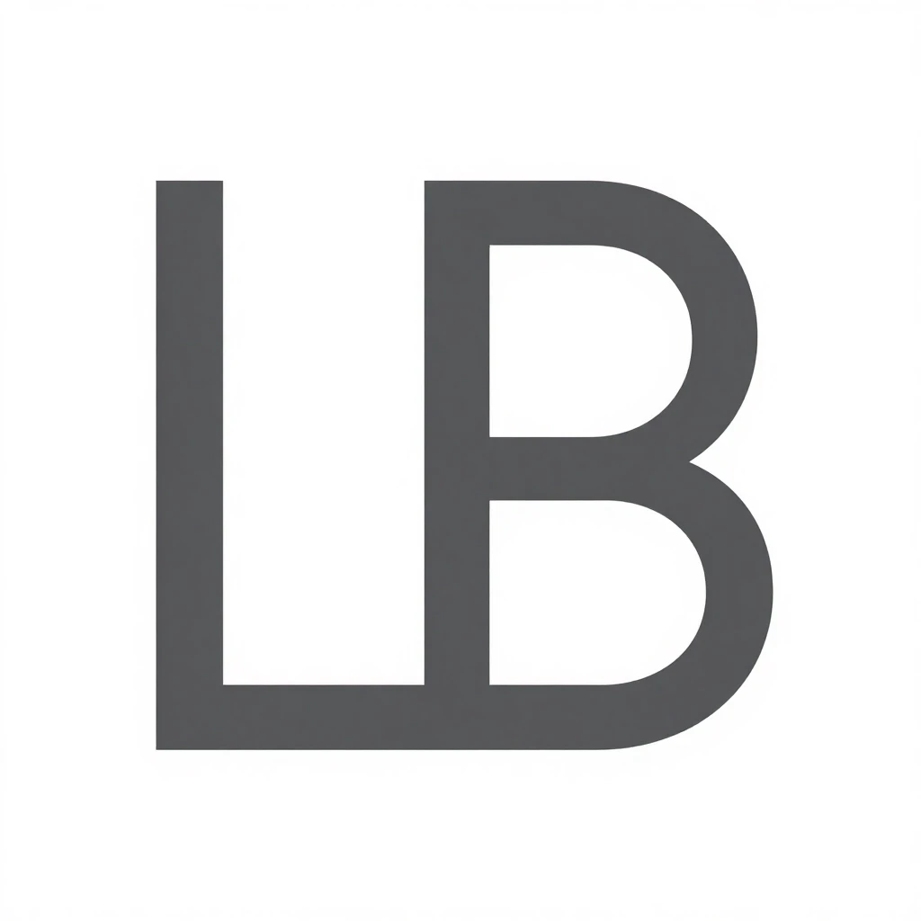 logo monogram LB, letters made of simple line segments, L is two perpendicular strokes, B is two rounded shapes connected by a vertical line, all in the same line thickness,…