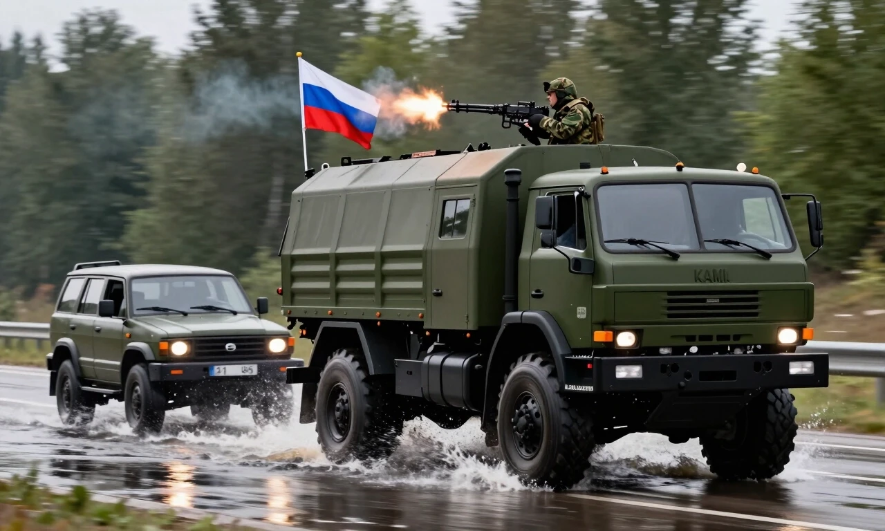 Военный камаз и уазик гонят по дороге, из камаза поднят российский флаг, На изображении зелёный внедорожник едет по мелководью (вода разбрызгивается вокруг колёс). На крыше, из…