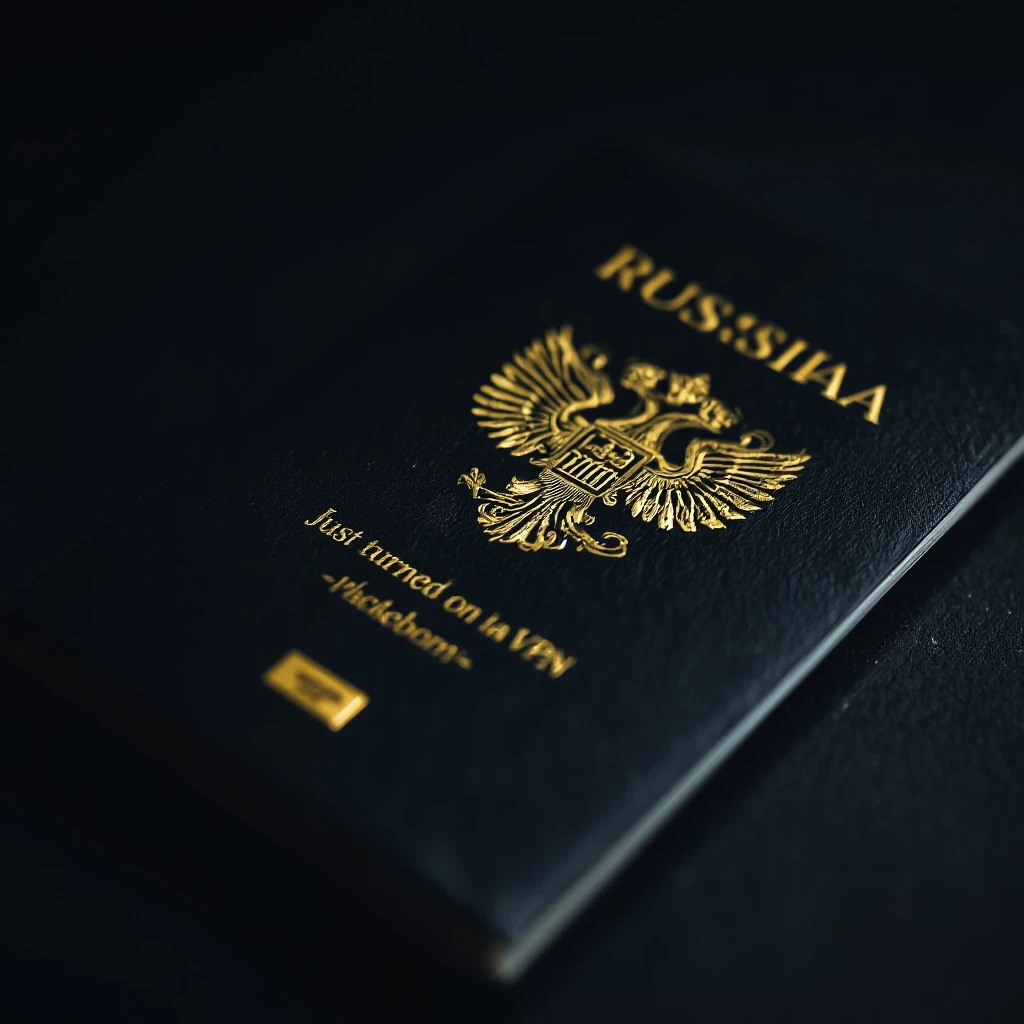 (Темный эстетический стиль, крупный план потертого российского паспорта на матово-черной поверхности. Золотая гравировка на лицевой стороне: «Просто включил VPN».…
