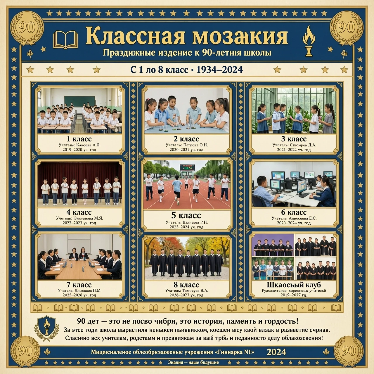 стенгазета к 90-летию школы на тему "Классная мозаика" с содержанием 8-9 фото класса с первого по восьмой и их подписями и картинками — работа пользователя…