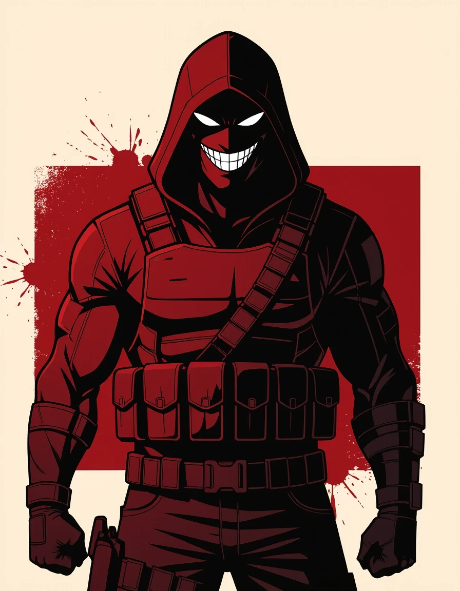 Graphic comic book art, flat colors, bold outlines. A solid black silhouette of a tall, broad-shouldered hooded man in a tactical vest, standing against a solid blood-burgundy…
