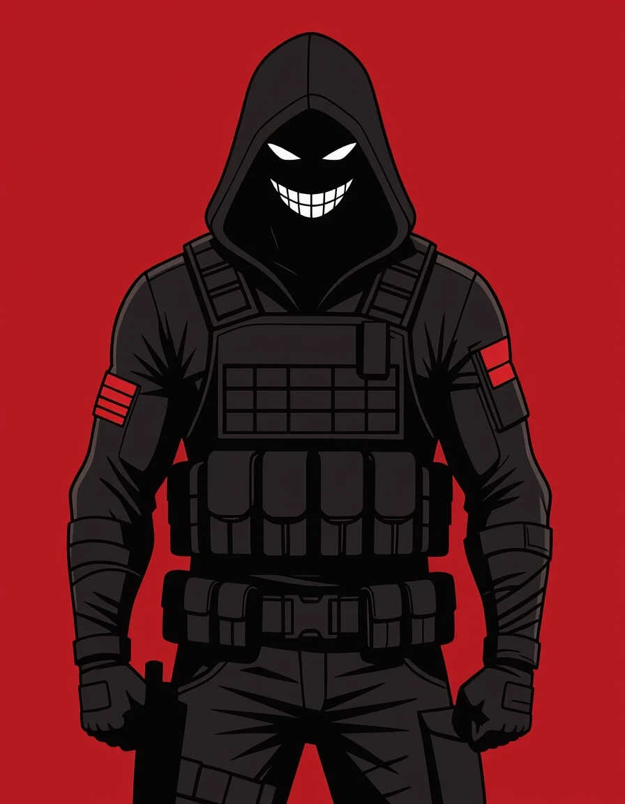 Graphic comic book art, flat colors, bold outlines. A solid black silhouette of a tall, broad-shouldered hooded man in a tactical vest, standing against a solid blood-burgundy…