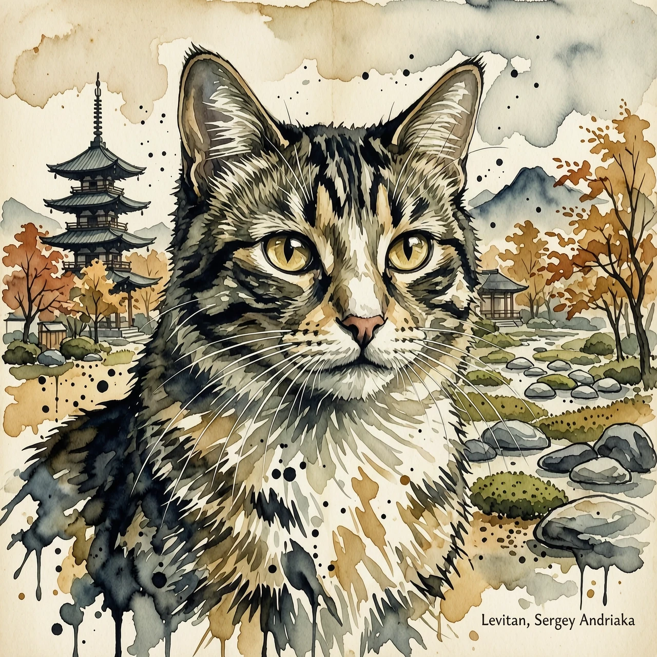A masterpiece. The painting is done in watercolors. (Double exposure:1.8). (Portrait of a fabulously beautiful cat:1.8). In the background, there are views of Japan at that…