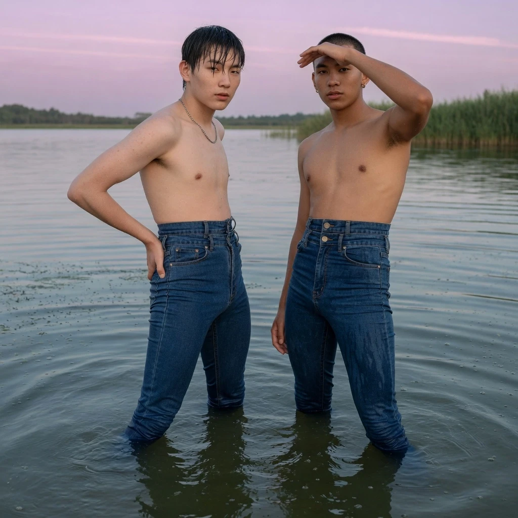 18-year-old guys in blue denim high-waisted leggings are standing deep in the water — работа пользователя Грозовой Химик