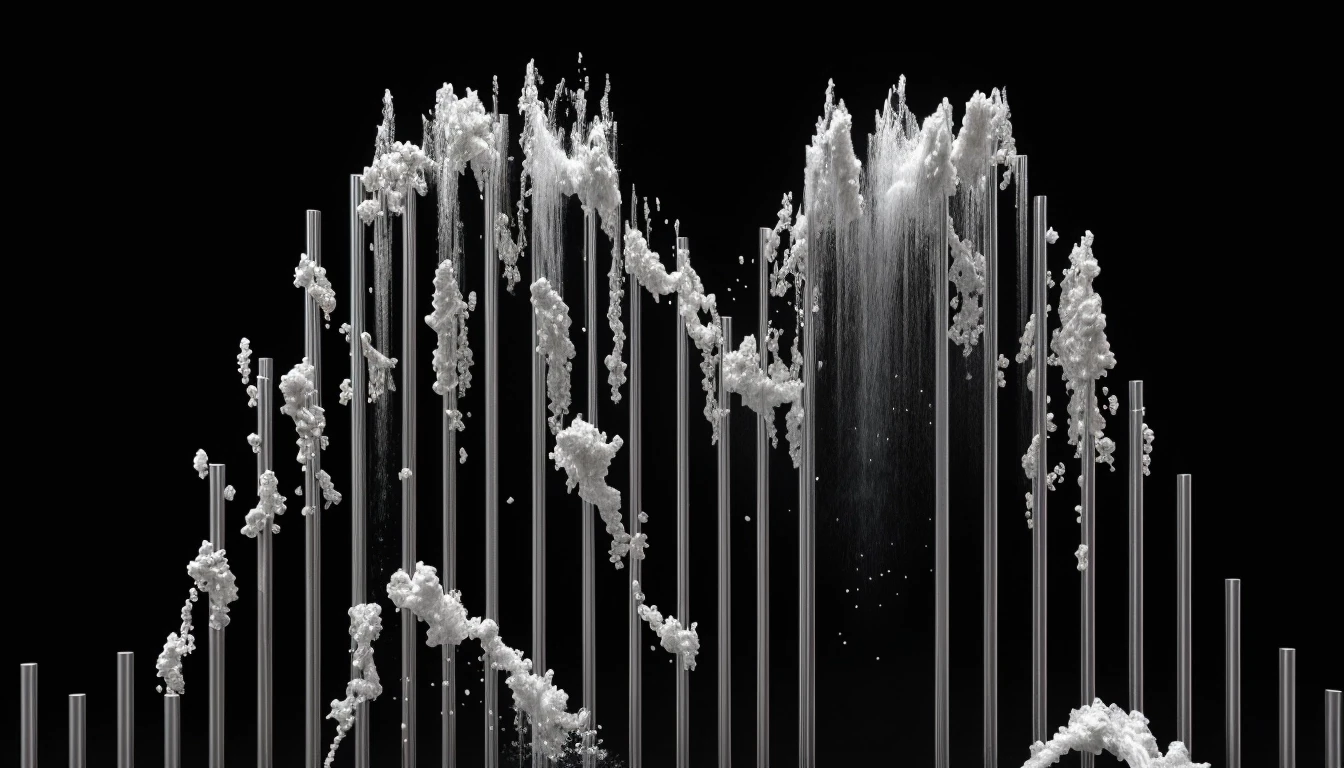Repeating rows of vertical water jets on a black background, disappearing into perspective, columns of water, water show, 3D render, clear image, Repeating rows of vertical…