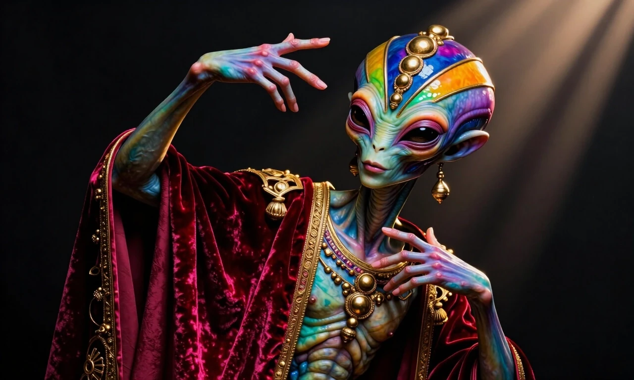SUBJECT: A tight macro portrait of colorful alien hybrid, AI diffusion render, hyper-detailed digital synthesis, Baroque tenebrism, dramatic single-source raking light, deep…
