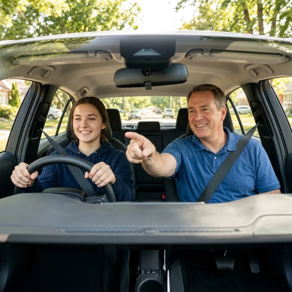 A young student driver sitting in the driver's seat of a modern sedan, hands confidently on the steering wheel, with a friendly middle-aged instructor in the passenger seat…