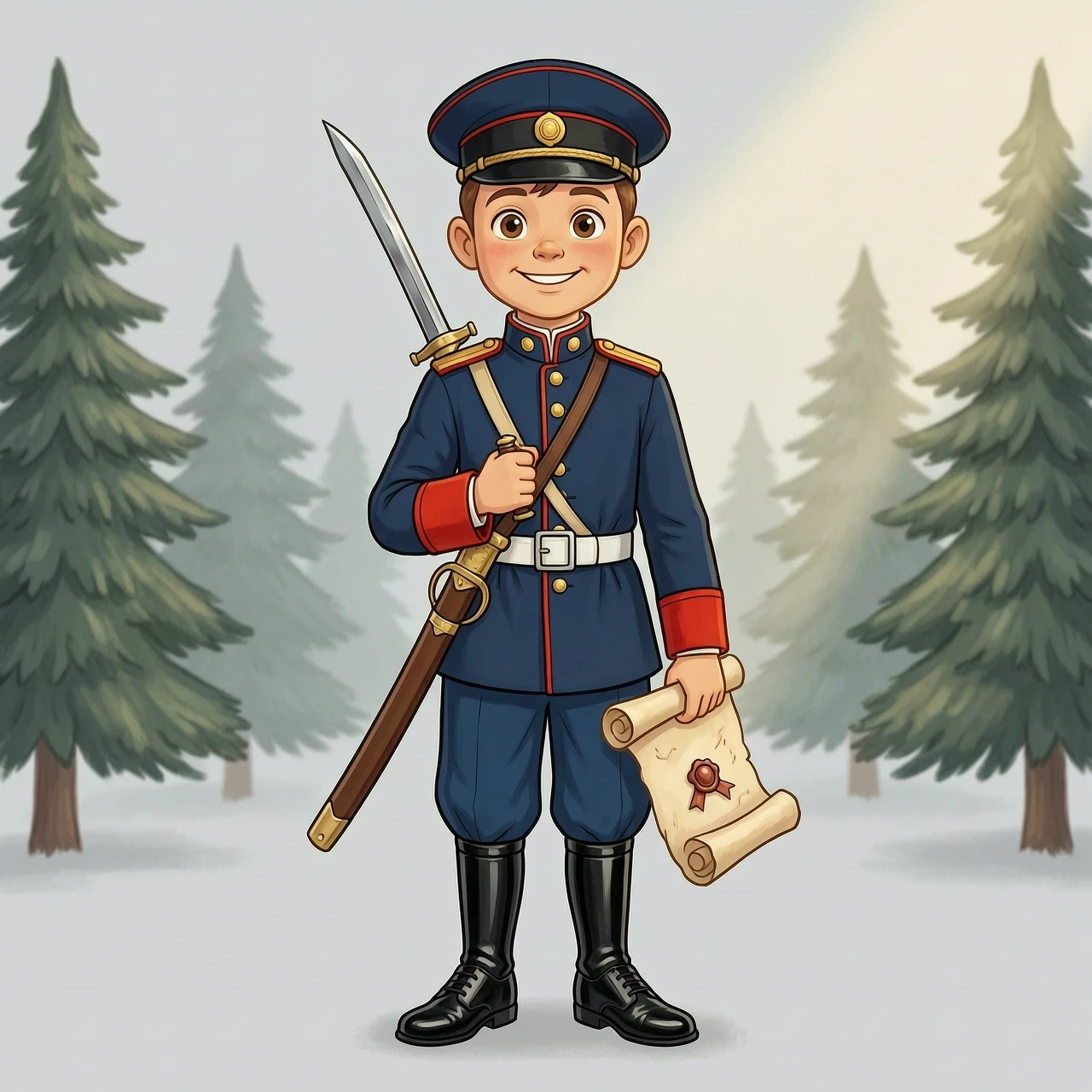masterpiece, ultra detailed, 8k resolution, digital art. Character design of a friendly mascot for the Novoilyinsky Cossack Cadet Corps. Boy-cadet, 12-14 years old, cute…