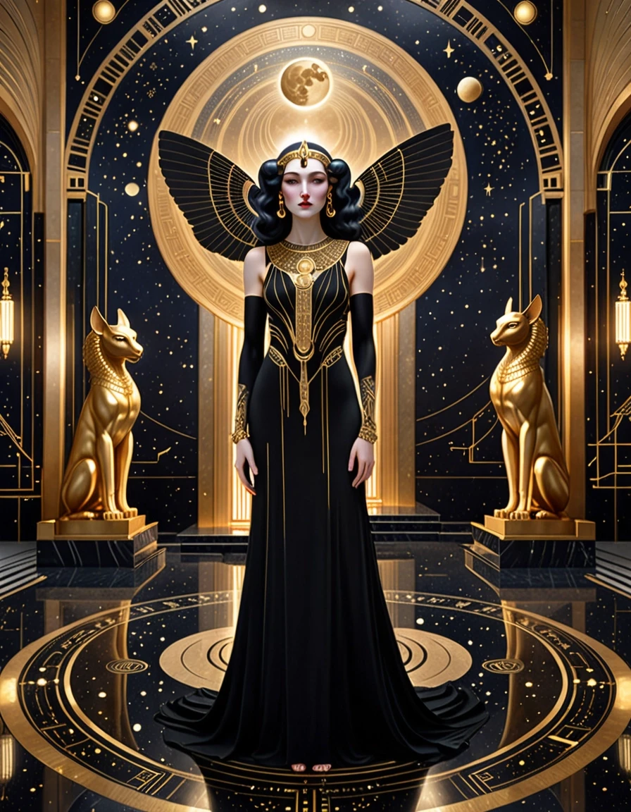 A majestic mystical woman stands in the center of a grand Art Deco hall, embodying the spirit of the night moon. She wears a long black gown decorated with golden embroidery and…